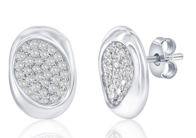 Sterling Silver rhodium plated oval cubic zirconia pave earring