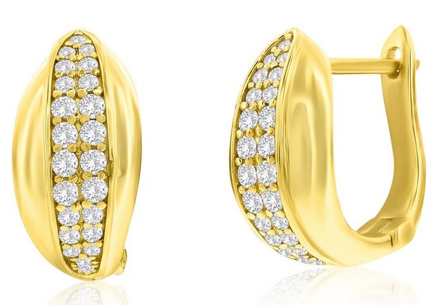 Sterling Silver gold plated double row pave cubic zirconia huggie earring