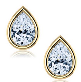 Sterling Silver gold plated pear shape cubic zirconia bezel set stud earring