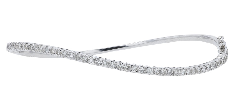 DBG .jpg 18kt white gold diamond wave bangle bracelet with figure eight safety D tw 1.00cts SI clarity, near colorless H/I color
