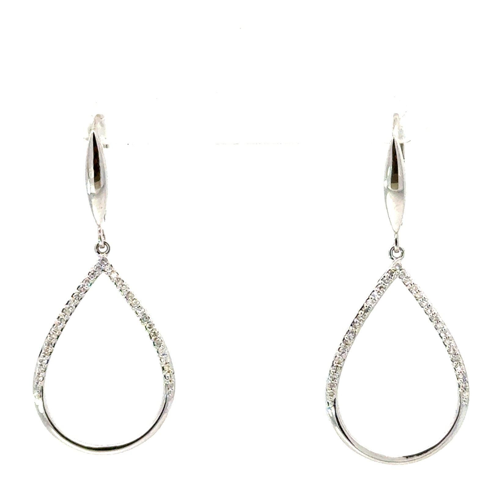 10kt white gold high polish pear shape diamond dangle earring on lever backs D tw 0.25cts SI clarity, near colorless H/I color