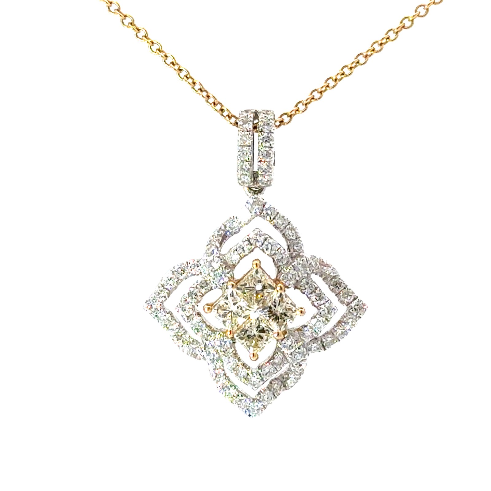 DPA 18kt two tone yellow and white diamond fashion pendant on 16" forsintina with sr chain tw 1.32cts, VS2, near colorless G/H