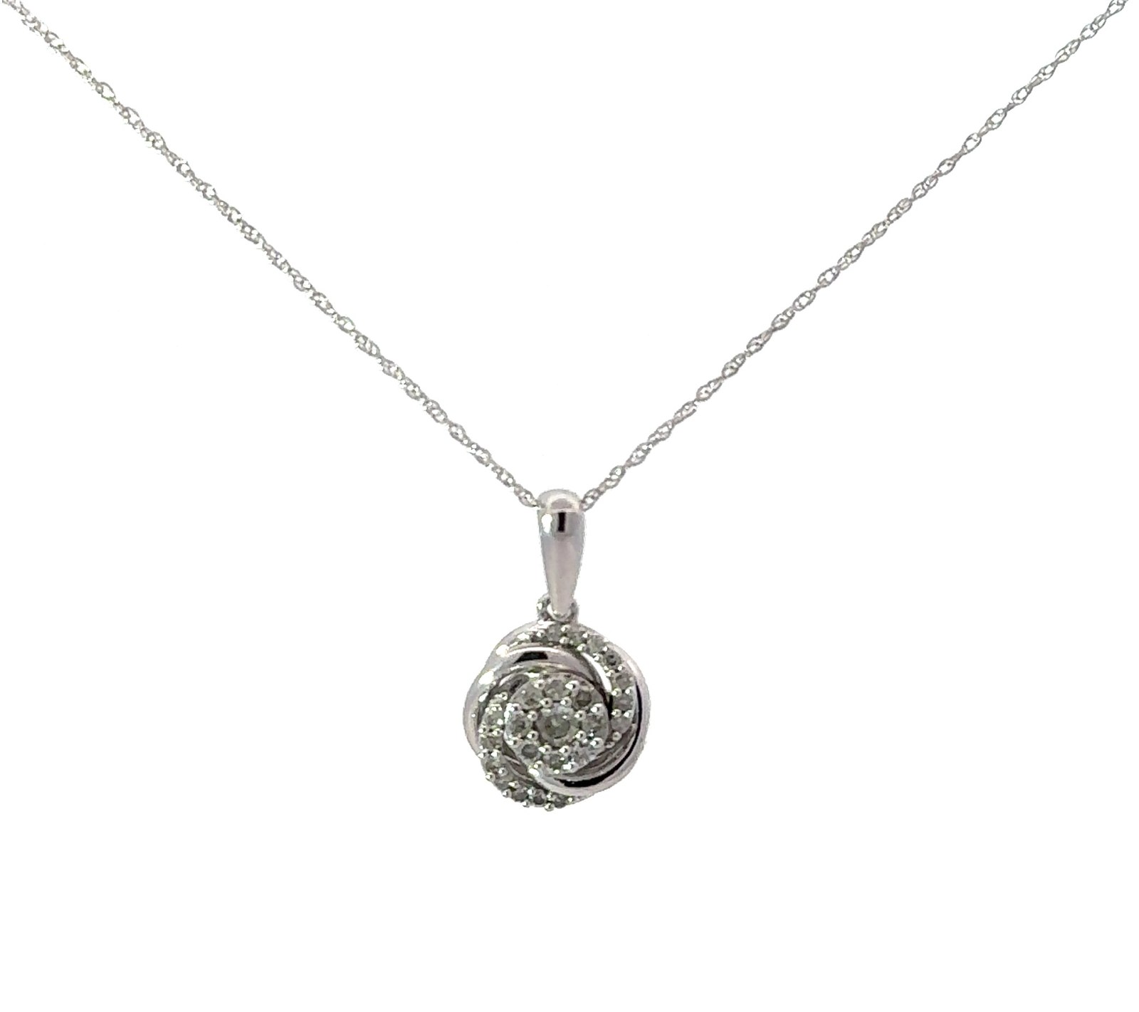 DPD .jpg 10kt white gold swirl diamond cluster pendant D tw 0.25cts on 18" chain I1, near colorless I color