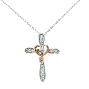 10kt two tone diamond heart cross pendant on machine made rope with spring ring tw 0.10cts SI clarity, near colorless I color
