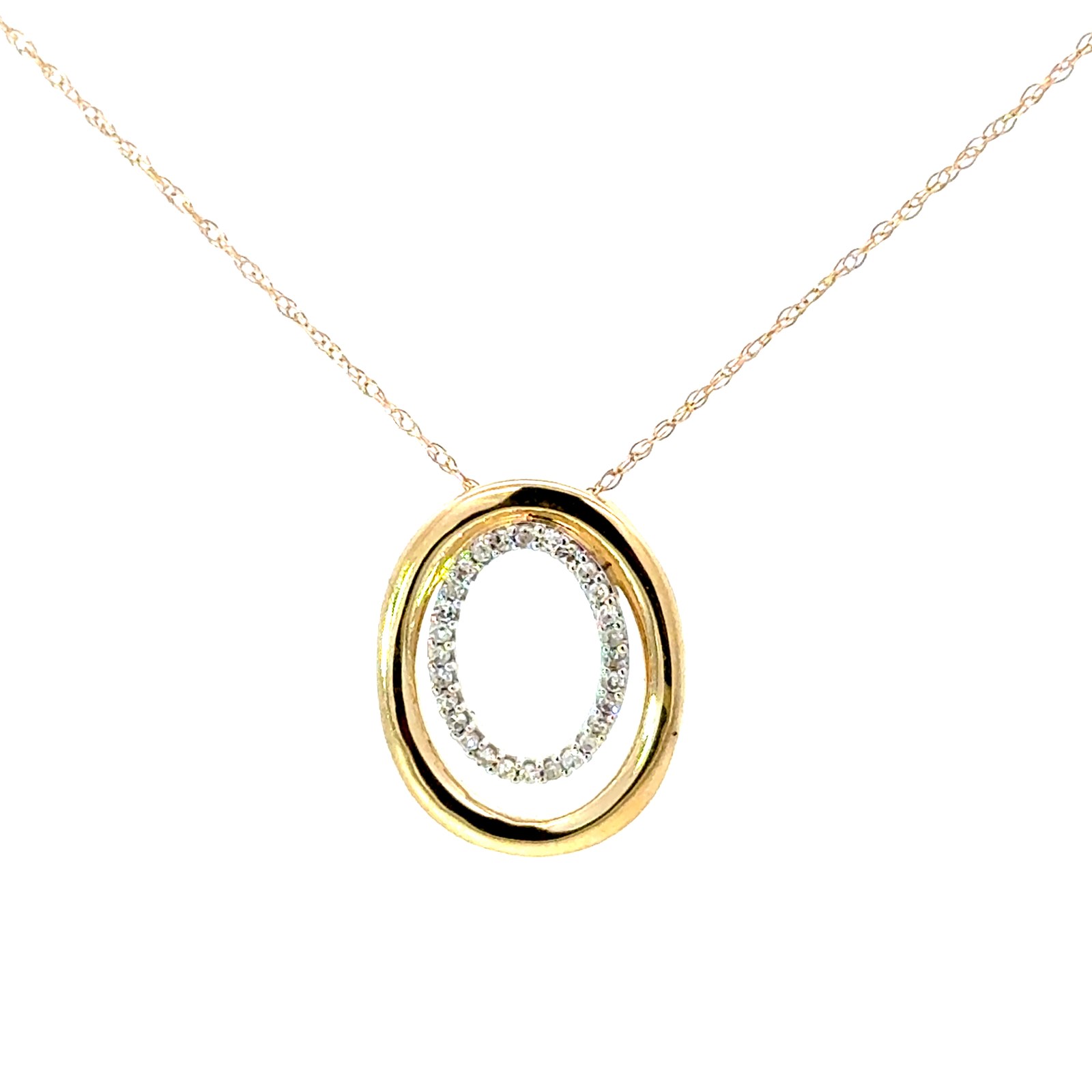 10kt yellow gold double oval diamond pendant D tw 0.10cts on 18" machine made rope SI2/I1 clarity, near colorless I/J color