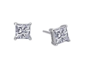 Sterling Silver platinum bonded Lafonn Lassire simulated tw1.50 princess cut simulated diamond stud earrings
