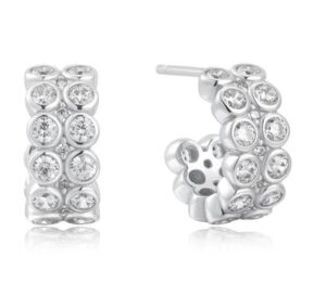 Sterling Silver double row cubic zirconia bezel set huggie hoop earrings