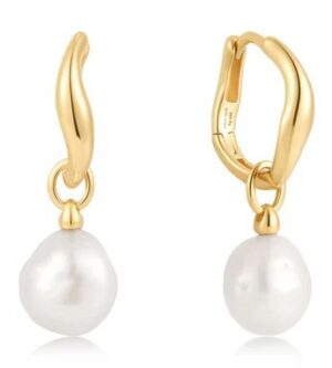 Sterling Silver gold plated freshwater pearl dangle drop huggie earring