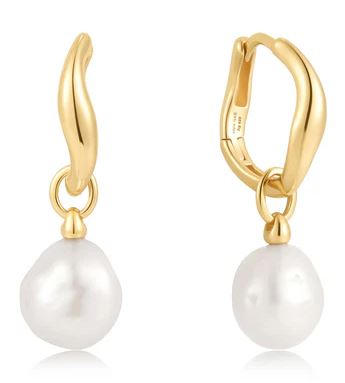 E G .jpg Sterling Silver gold plated freshwater pearl dangle drop huggie earring
