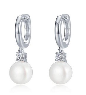 Sterling Silver platinum bonded freshwater pearl and Lassire simulate diamond dangle earrings tw 0.22cts