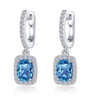 Sterling Silver platinum bonded Lassire simulate diamond and blue topaz halo dangle cushion earring tw 3.02