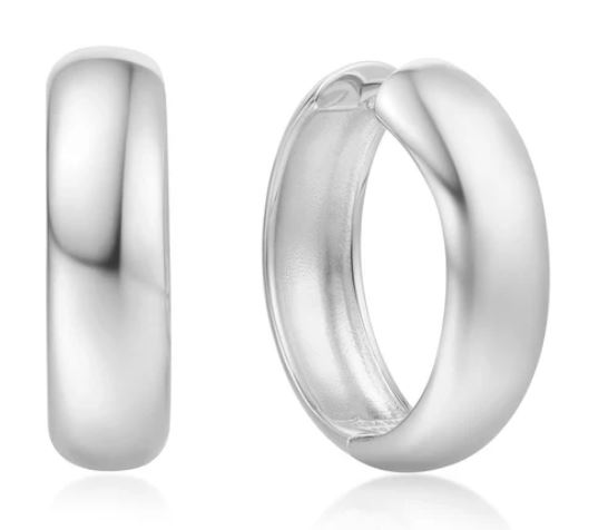 Sterling Silver wide large huggie shiny hoop earring