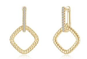 Sterling Silver gold plated Lassire simulated diamond geometric cable link dangle earring tw 0.20cts
