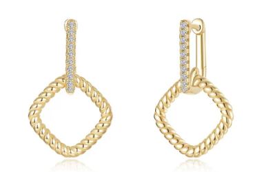 Sterling Silver gold plated Lassire simulated diamond geometric cable link dangle earring tw 0.20cts