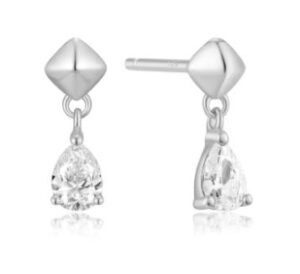 Sterling Silver rhodium plated pyramid dangle cubic zirconia pear shape stud earring