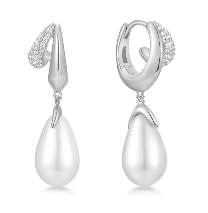 Sterling Silver rhodium plated sparkling duet mixed shell pearl drop cubic zirconia huggie dangle earring