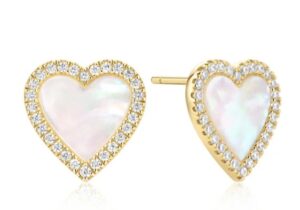 Sterling Silver gold plated mother of pear halo heart stud earring