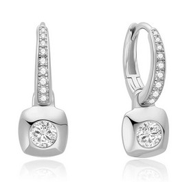 Sterling Silver rhodium plated modern bezel set huggie hoop earring
