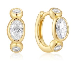 Sterling silver gold plated bezel pebble and round huggie hoop earring
