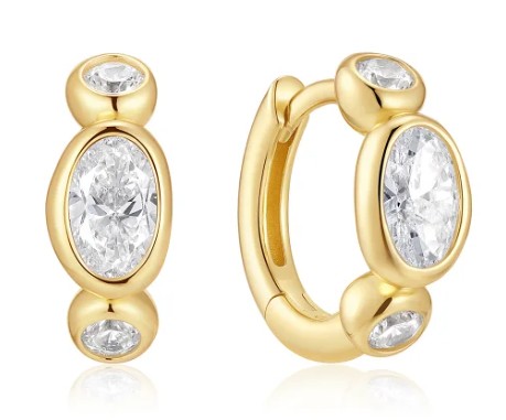 Sterling silver gold plated bezel pebble and round huggie hoop earring