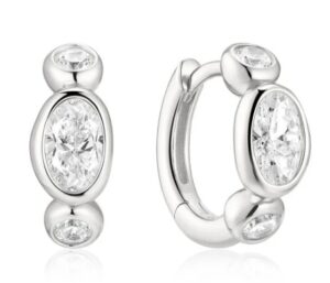 Sterling Silver Rhodium Plated round bezel set pebble huggie hoop earring