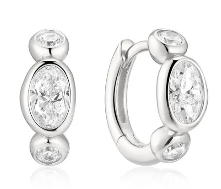 E H .jpg Sterling Silver Rhodium Plated round bezel set pebble huggie hoop earring