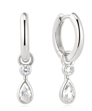 Sterling Silver Rhodium Plated Ania Haie Dangling Cubic Zironia Teardrop Huggie Hoop Earring