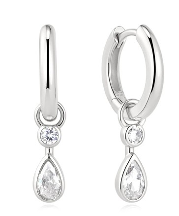 Sterling Silver Rhodium Plated Ania Haie Dangling Cubic Zironia Teardrop Huggie Hoop Earring