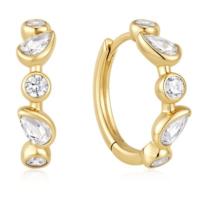 E G .jpg Sterling Silver Gold Plated Ania Haie Round And Teardrop Cubic Zirconia Bezel Set Huggie Hoop Earring