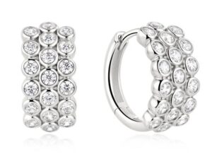 Sterling Silver Rhodium Plated Ania Haei Cubic Zirconia Tripple Row Bezel Set Huggie Hoop Earring