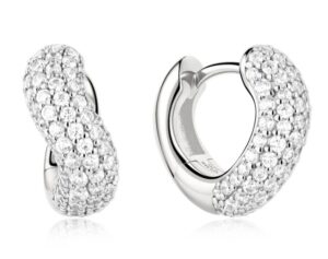 Sterling Silver Rhodium Plated chuncky pave cubic zirconia wave huggie hoop earring