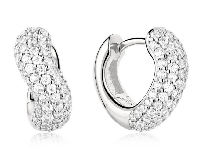 Sterling Silver Rhodium Plated chuncky pave cubic zirconia wave huggie hoop earring