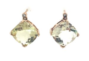 14 kt y/g lemon quartz & dia earrings 2 - cushion shape lemon quartz t/w 6.6 ct 2 - dia t/w 0.02 pts