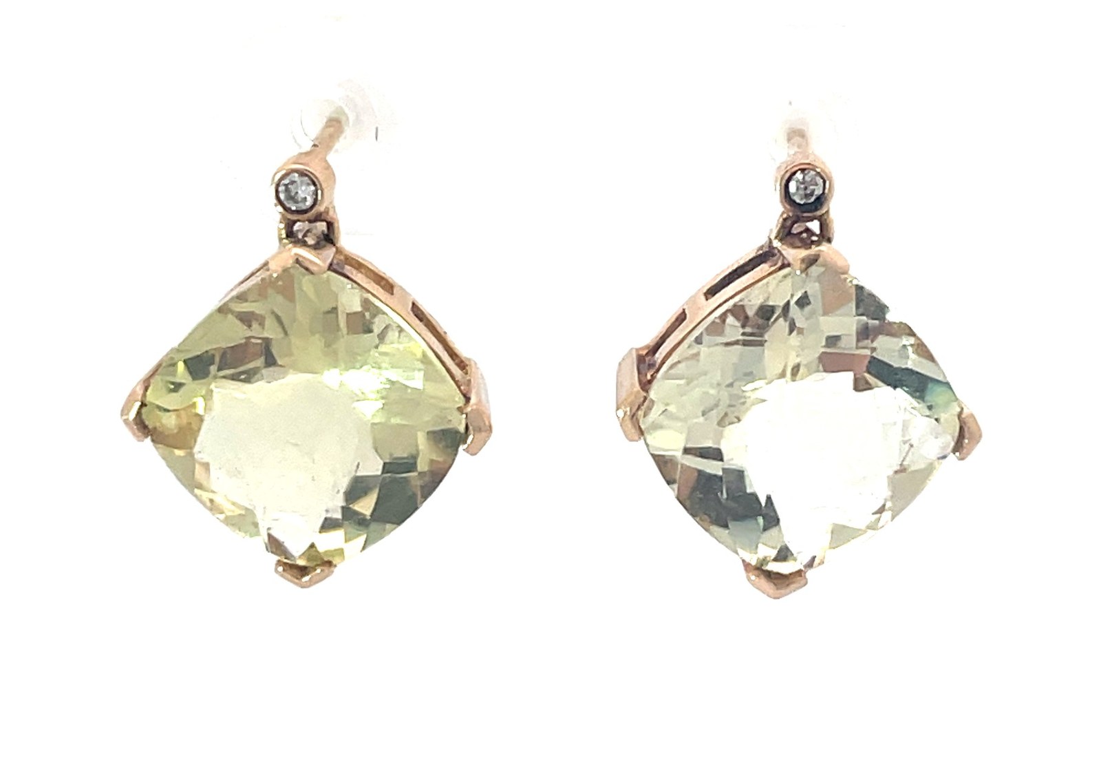ELQ 14 kt y/g lemon quartz & dia earrings 2 - cushion shape lemon quartz t/w 6.6 ct 2 - dia t/w 0.02 pts