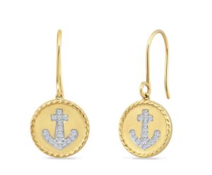 14kt yellow gold diamond anchor disc dangle earrings on fish hooks D tw 0.014cts SI, H