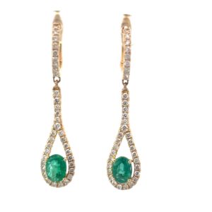 14kt yellow gold diamond and genuine emerald dangle earring on lever backs D tw 1.02cts VS2, G/H E tw 1.56cts