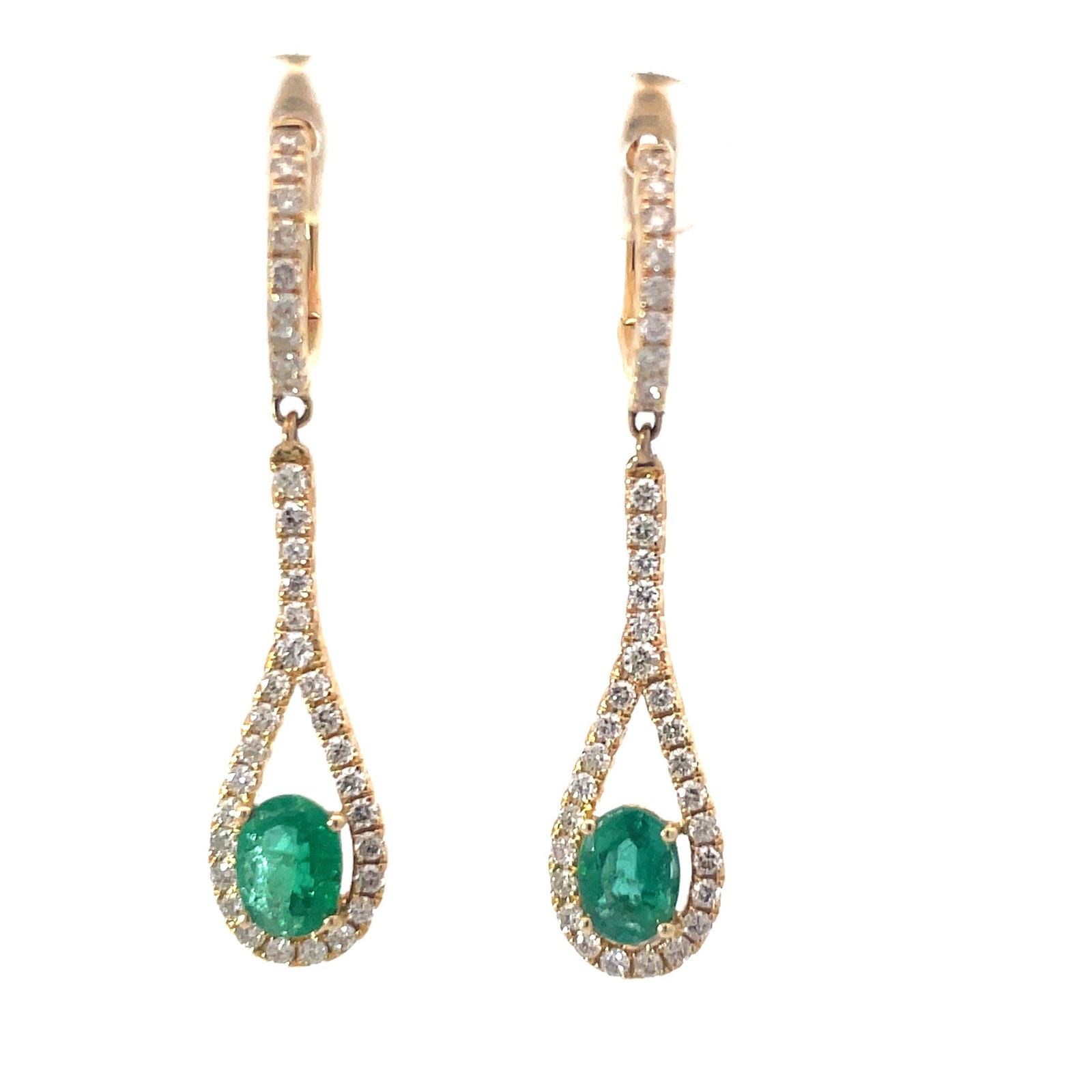 ED .jpg 14kt yellow gold diamond and genuine emerald dangle earring on lever backs D tw 1.02cts VS2, G/H E tw 1.56cts