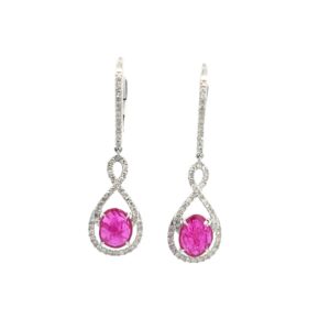 14kt white gold diamond and ruby dangle halo earring on lever backs D tw 0.69 SI, H R tw 2.54cts