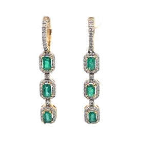 14kt yellow gold diamond and emerald dangle earrings E tw 1.59, D tw 0.90cts SI,I locking backs