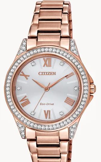 EM A .jpg Ladies Eco Drive crystals bezel and dial on the pink gold-tone stainless steel case water resistant watch