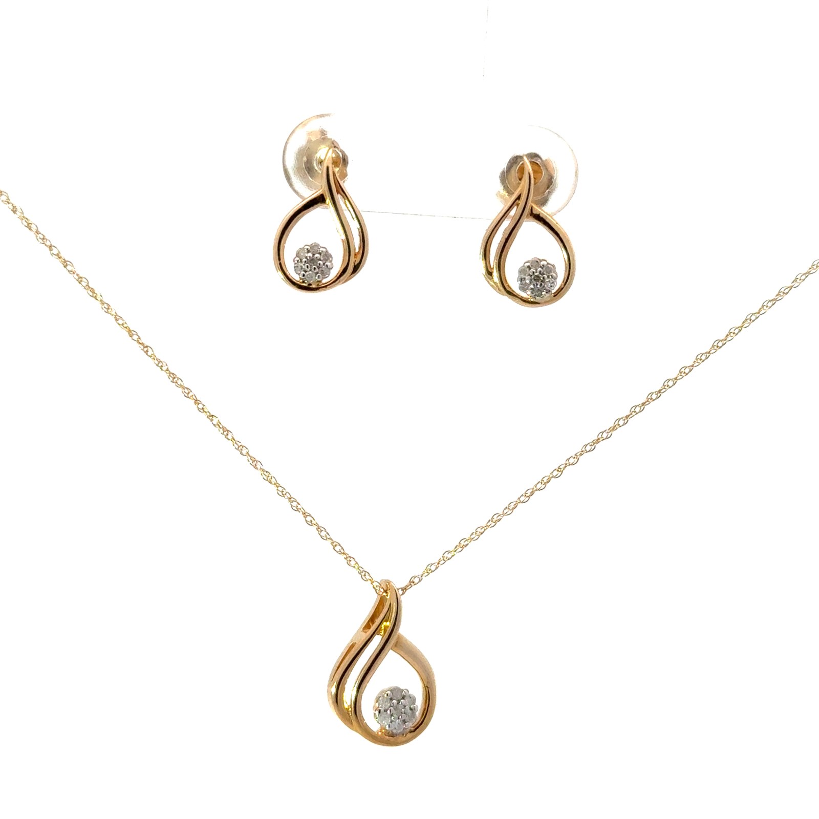 EPS .jpg 10kt yellow gol diamond swirl cluster earring and pendant SOLD AS SET on 18" chain tw 0.10cts promotional diamonds