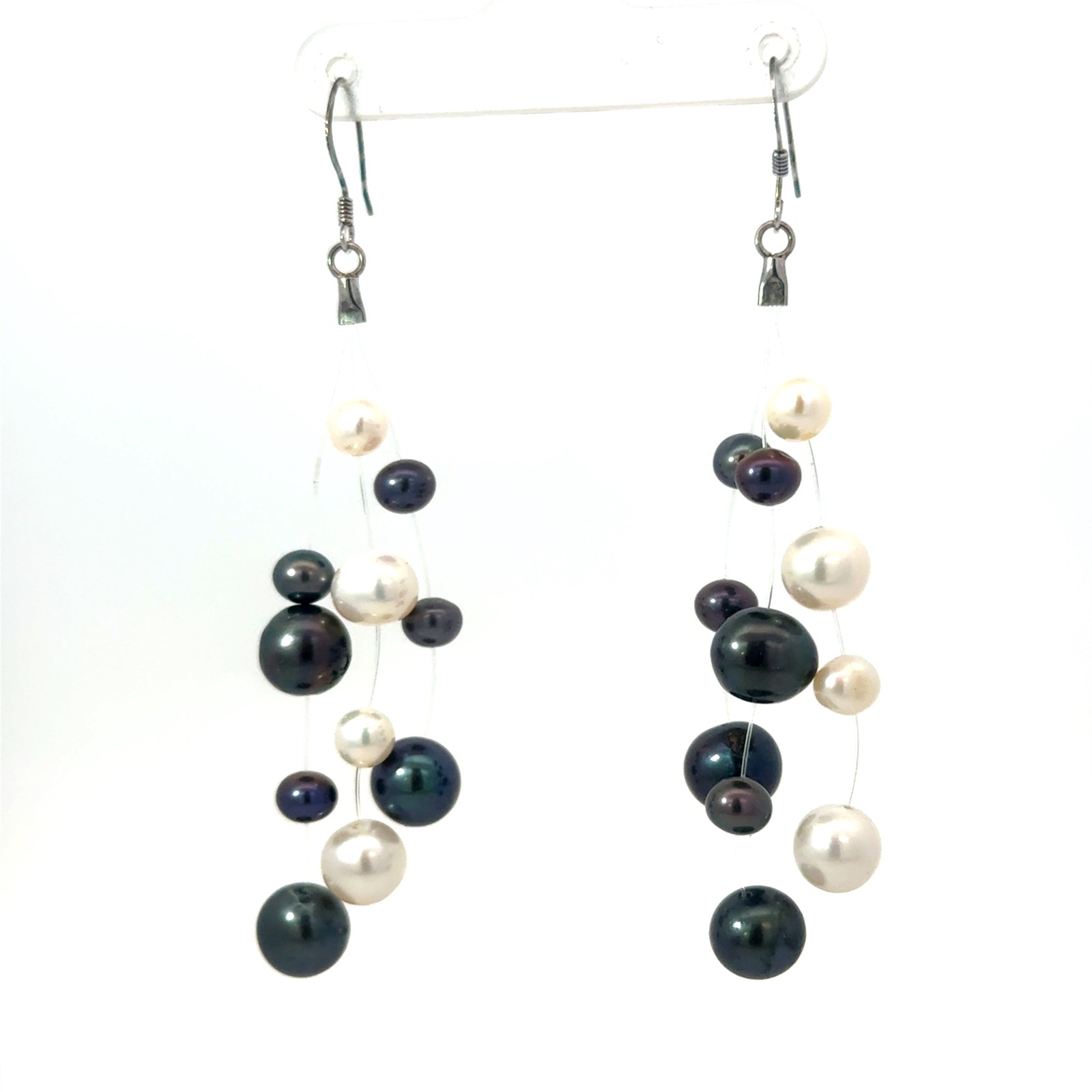 FPE BW .jpg Sterling Silver freshwater black and white tripple strand dangle earring on fish hooks