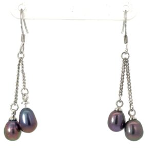 Sterling Silver rhodium plated dangle black pearl earrings