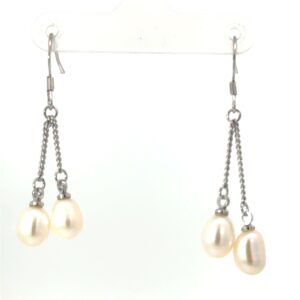 Sterling Silver rhodium plated freshwater pearl dangle earring on fish hooks