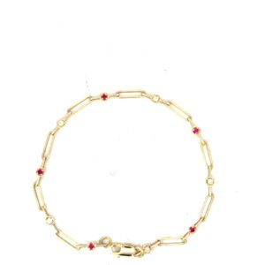 14kt yellow gold ruby and diamond link bracelet D tw 0.13cts R tw 0.15cts SI clarity, near colorless H/I color with claw catch closure