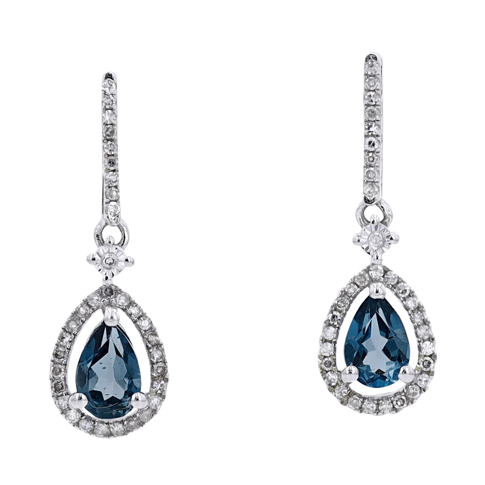 GER .jpg 14kt white gold diamond and london blue topaz dangle halo earring D tw 0.20cts SI, near colorless H color
