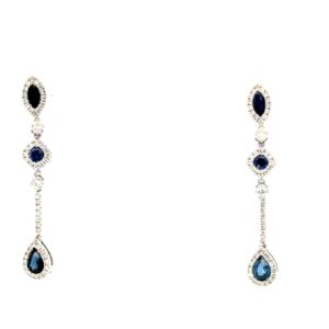 14kt white gold genuine sapphire diamond dangle earrings D tw 0.28cts S tw 0.75cts SI clarity, near colorless H color