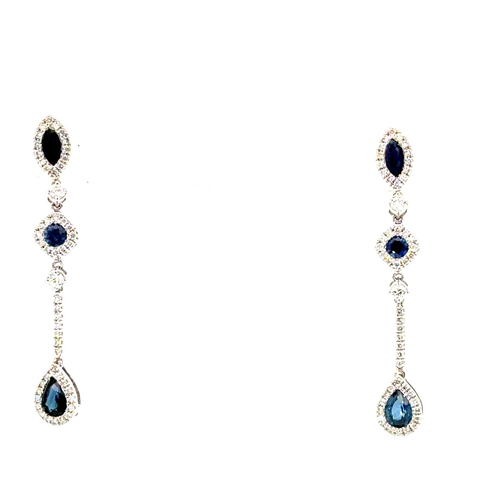 14kt white gold genuine sapphire diamond dangle earrings D tw 0.28cts S tw 0.75cts SI clarity, near colorless H color