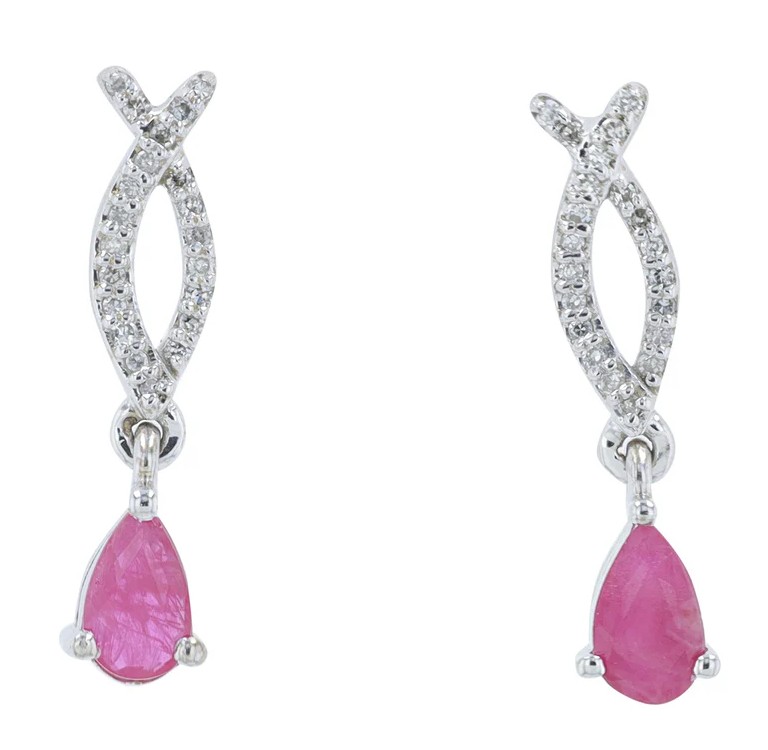 GER .jpg 10kt white gold genuine pear shape drop ruby and diamond earring R tw 0.50cts D tw 0.10cts SI2, J color