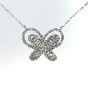 Sterling Silver cubic zirconia baugette and round butterfly pendant on adjustable chain